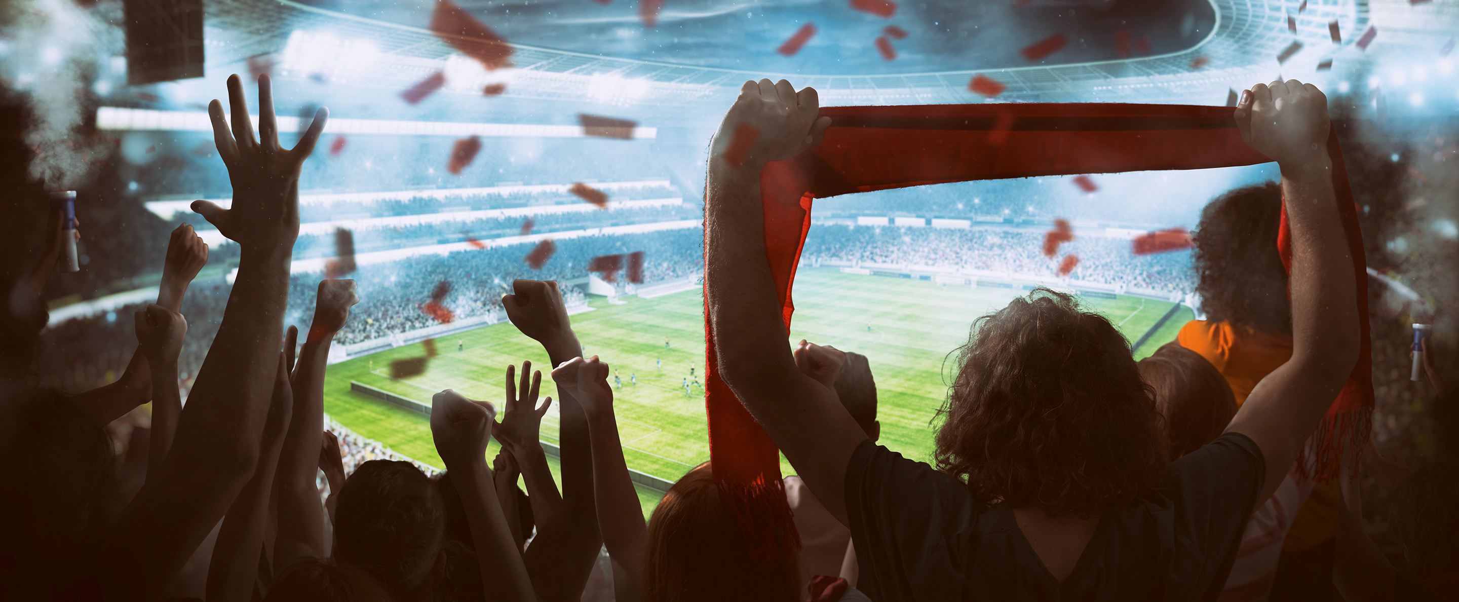 View of a soccer field from the cheering fans perspective